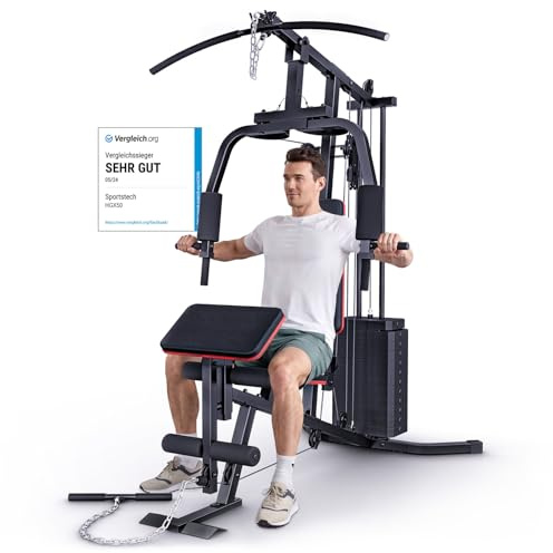 Kraftstation für zuhause, Multifunktion Fitnessstation, Bauchtrainer, Home Gym, 60 kg Gewichte, Butterfly, Beinstrecker, Latzugstange, Bizepscurl, Ganzkörpertraining, Multigym, HGX50