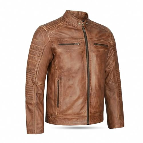 Leatherick Herren-Bikerjacke aus echtem Leder im Distressed-Look, Hellbraun, Distress Brown