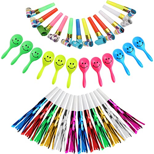 36 STÜCKE, 3 Arten Party Krachmacher Set, lustige Papier Blowouts, Metall Blowouts mit Glitzerfransen, Mini Neon-Musik Handshaker, Kindergeburtstags Party Zubehör