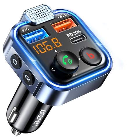 LENCENT 38W FM Transmitter Auto Bluetooth V5.3, Radio Deep Bass Musik Schnelles Autoladegerät Zigarettenanzünder, KFZ Bluetooth Adapter Freisprechanlage, Noise Cancelling Mikrofon, Lichtschalter