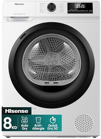 Hisense DHQE800BW2 Wäschetrockner, QE, 8KG, Kondensation mit Wärmepumpe, 15 Programme, Feuchtesensor, Anti Crease, TwinAir, Energieeffizienzklasse D, Weiß