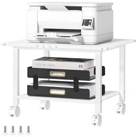 LELELINKY Druckertisch mit Rollen, Mobiler 2 Stöckiger Druckerständer, Druckerhalter mit Arretierbaren Rädern, Druckerwagen für Büro, Fax und Zuhause, 52,5 x 40 x 36 cm, Weiß
