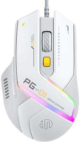 INPHIC PG1 Gaming Maus mit Kabel, 12800 DPI Hochpräzise, 6 programmierbare Tasten, atmungsaktive RGB Hintergrundbeleuchtung Ergonomische PC Maus Kabel für Computer/Mac/Laptop - Weiß