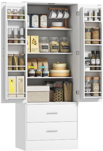 HOMCOM Küchenschrank Buffetschrank mit 2 Türen, 60 x 40 x 159 cm Weiß | 8 Türregalen, 2 Schubladen, Verstellbaren Einlegeböden, Hochschrank, Moderner Vorratsschrank für Wohnzimmer