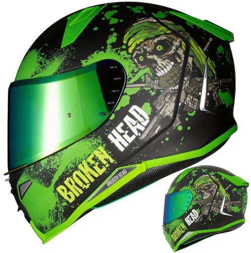 Broken Head Jack S. V2 Pro - Integral-Helm Grün- Sport-Motorrad-Helm Mit 2 Visieren (Klares + Gratis Grün Verspiegeltes Visier) - Größe XS (53-54 cm)