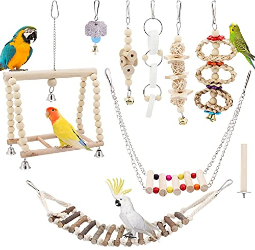 Seahelms Papageienspielzeug, Spielzeug für Nymphensittiche, Vögel, Kauen, Naturholz, Hängematte, Glocke, Vogelkäfig, Schaukel für Nymphensittiche, Finken, kleine Sittiche und Aras, 8 Stück