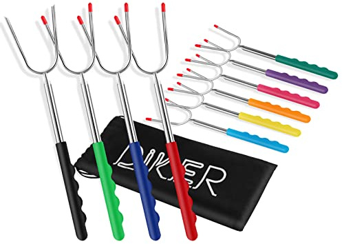 DIKER Grillspieße Teleskop Marshmallow, Stockbrot Stöcke Roasting Sticks Schaschlikspieße, Lagerfeuerspieße Edelstahl Ausziehbar, Grillstab, Grillbesteck Set für Camping Grill (10er Pack, Edelstahl)