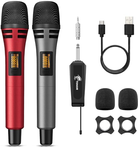 TONOR Kabellose Mikrofone, UHF Duales Karaoke Mikrofon Set mit wiederaufladbarem Empfänger, Kabelloses dynamisches Mikrofon, 60 m Mikrofon-Set für Singen, Hochzeiten, Party, Ansprachen TW320 Grau&Rot