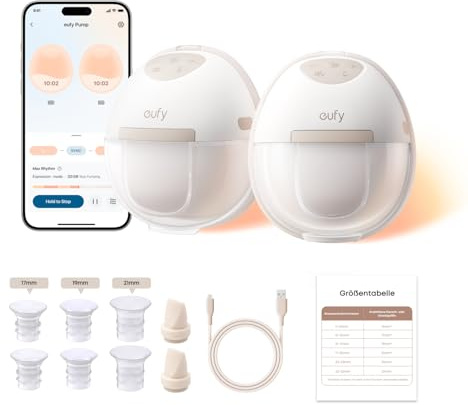 eufy Tragbare Milchpumpe E20, Elektrische Milchpumpe mit Wärmefunktion, 3 Heizstufen, HeatFlow Technologie, freihändig, anpassbarer Rhythmus in der App, Krankenhausqualität Saugkraft, leise & diskret