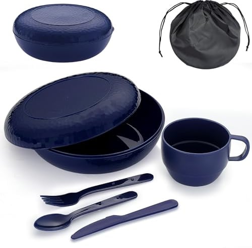 Evanda Camping Besteck, Teller, Tasse, Löffel, Gabel, Messer und Tragetasche, Mehrweg Campingzubehör Essentials Ausrüstung Leicht und einfach zu transportieren oder in den Rucksack zu stecken