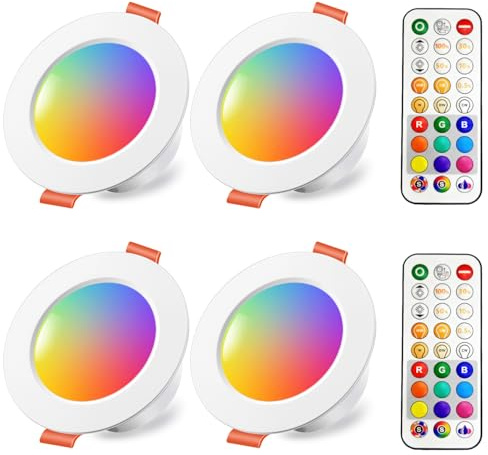 iLC LED Einbaustrahler 8W (ersetzt 60W), 68-85mm Lochmass, 230v RGBW mit Fernbedienung Rund Deckenspots IP44 Warmweiß 2700K Einbauleuchte RGB Farbwechsel Farbige (4er-Pack)