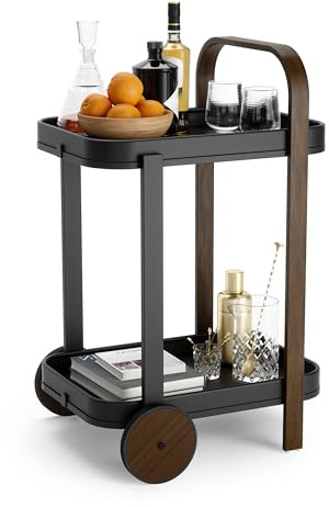 Umbra Bellwood Barwagen, Servierwagen und Aufbewahrung mit 2 Ebenen und herausnehmbaren Tabletts aus Metall, Schwarz/Walnuss