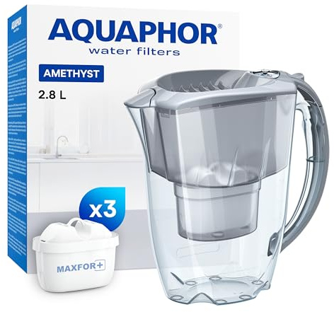 AQUAPHOR Amethyst – Wasserfilterkanne mit Schiebedeckel, 2,8 l, inkl. 3× Maxfor+ Filterkartuschen, Grau