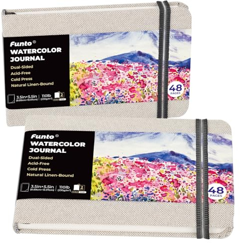 Funto Aquarell-Tagebuch 2er Pack, 8,9 × 14 cm, 230 g/m² Aquarellpapier | Je 48 Seiten, kaltgepresst, mit Innentasche und Gummiband; für Aquarelltechniken, Skizzen und Mixed Media