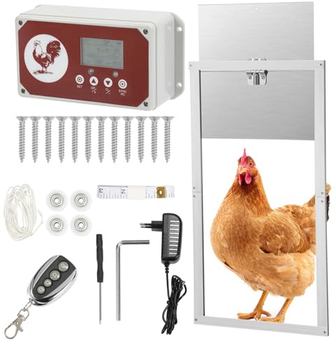 Ollewiellan Automatische Hühnerklappe, Aluminum Lichtsensor Elektrische Hühnertür mit Großes Display, Timer, Einklemmschutz, Fernbedienung, Türöffner 30x30cm, Wasserdicht IP44