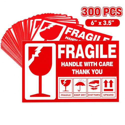 Warnetiketten Aufkleber fragile, leuchtrot Umzugs-Etiketten Vorsicht zerbrechlich Glas Bruchgefahr Paketaufkleber handle with care, Versandetiketten selbstklebend,Vorsicht glas 300pc 15 x 9 cm