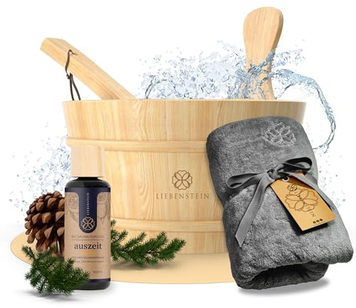 Liebenstein® Wohlfühl Sauna Set - 3 tlg. – Enthält Sauna Eimer mit Kelle [4L], Saunahandtuch (anthrazit) und Saunaaufguss (Orange, Zitrone), hochwertiges Sauna Zubehör Set oder als Sauna Geschenk Set