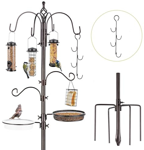 MIXXIDEA Deluxe Vogelfutterstation Kit Metall Vogelfutterstation Mit Ständer 238cm Höhenverstellbar Futterstation Vögel Mit 3 Feedern, J-Haken-Kits Und 5 Prong Pole Stabilizer für Körner Erdnüsse