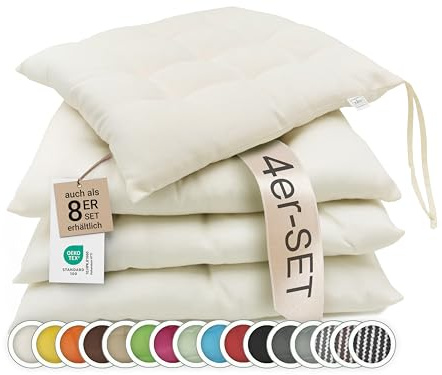 ZOLLNER 4er Set Sitzkissen in 40x40cm - gemütliche Stuhlkissen mit Bindebänder - waschbar bis 30°C - in Creme - Oeko Tex® Zertifiziert