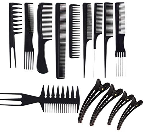 JZK 10x Profi Hair Styling Kämme Friseur Kamm Set + 4x Haarklammern Haarclips Für Salon Stylist Friseur Barbier, Schwarz