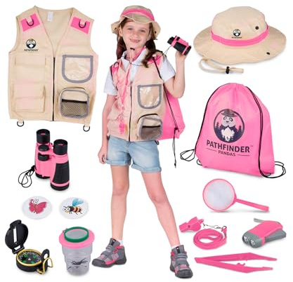 Forscherset für Kinder ab 6 & Safari Kostüm Kinder, Hut, Fernglas, Becherlupe & Mehr - Forscher Kostüm & Insekten Spielzeug - Tolles Outdoor Spielzeug Geschenk für Jungen Mädchen (Rosa)