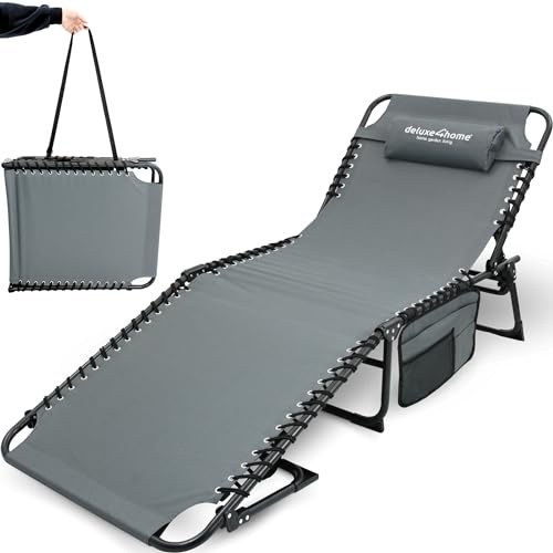 deluxe4home® Gartenliege Sonnenliege 5-stufig verstellbar I Liegestuhl Anthrazit Campingliege Klappbar mit Seitentasche & Tragegurt Strandliege