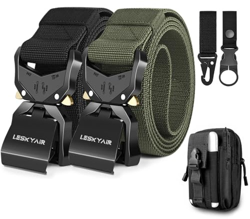 Leskyair 2er Herren Taktischer Gürtel 1,5-Zoll-Hochleistungsgürtel, Nylon Schnellverschluss-Metallschnalle, Geschenk mit taktischem Molle-Beutel und Haken (Schwarz + Grün)