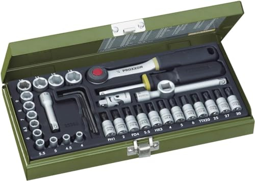 PROXXON Steckschlüsselsatz, Feinmechaniker-Satz mit 1/4"-Umschaltratsche sowie Schraubendrehergriff, 36-teiliges Werkzeug-Set mit Stahlkasten, 23080, 30 x 12.5 x 5 cm