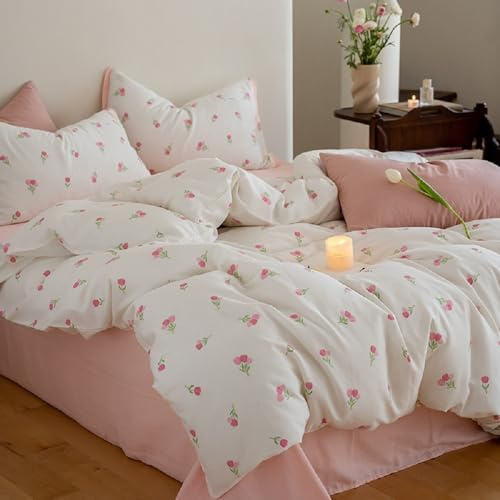 Lanqinglv Bettwäsche 135x200 Weiß Rosa Tulpen Blumenmuster Bettwäsche aus Microfaser,ÖKO-TEX Bettwäsche Set - Bettbezug mit Reißverschluss und 1 Kissenbezug 80x80 cm