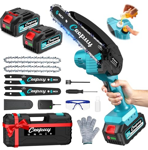 Mini Akku Kettensäge 6 Zoll mit 2x 4000 mAh Akku, 880 W Reinkupfermotor, Sicherheitsverriegelung – Elektrische Handkettensäge für Garten, Äste und Holz