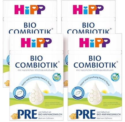 HiPP PRE Bio Combiotik (4 x 600g), Anfangsmilch von Geburt an, mit natürlichen Milchsäurekulturen, enthält nur Lactose als Kohlenhydrat, ideal zum Zufüttern