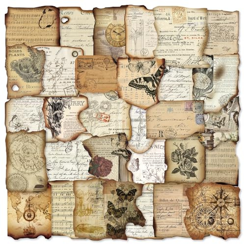 100er Set Vintage Aufkleber im Verbrannte Collage Stil – Scrapbooking Zubehör mit echtem Brandkanten-Effekt – Retro Sticker für Junk Journal, Bullet Journal, Basteln & Deko – Nostalgische Motive