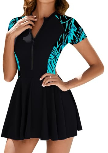 Odizli Badekleid Damen Sommer Kurzarm Reißverschluss Bauchweg Badeanzug mit Cups