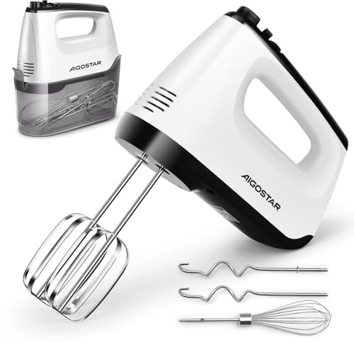Aigostar Handmixer Elektrisch mit Aufbewahrungskoffer, Handrührer, 400 W, 5 Edelstahlzubehör, Turbolader, Spülmaschinengeeignet, 6-Gang, Auswurftaste.