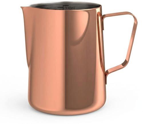 Milchkännchen Edelstahl 330ml – Barista Milchschaumkännchen mit Messskala – Milchkanne Edelstahl Kupfer für Cappuccino Latte – bonVIVO Muvo