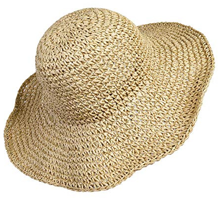 Stroh Sommerhut für Damen mit Groß Sonnen Shade schlaffer Strand Sonnenhut Breite Krempe Faltbar für Reise Urlaub Dekoration 100% Raffia Papier (beige)