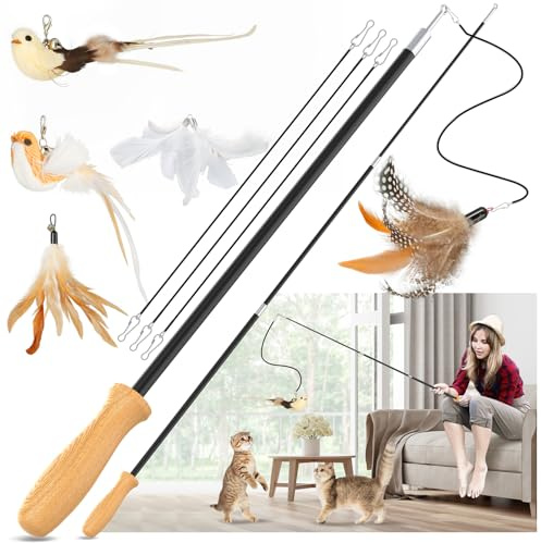 ROSAUI 2X Katzenangel lang, interaktives katzenspielzeug mit 2 Vogel und 3 Federn, Katzen Spielzeug für Kitten, cat Toys stabil 107cm