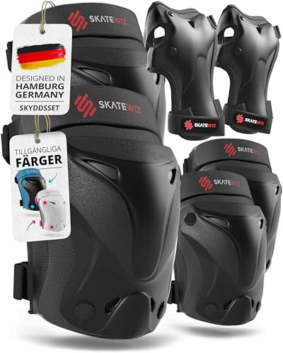 SKATEWIZ Knieschoner Kinder - Schoner Inliner Kinder - Knieschützer - Schützer Inliner Schoner Set - Protektoren Knie und Ellenbogenschützer - PROTECT-1 Schwarz Größe XS - Skateboard, Inline Skates