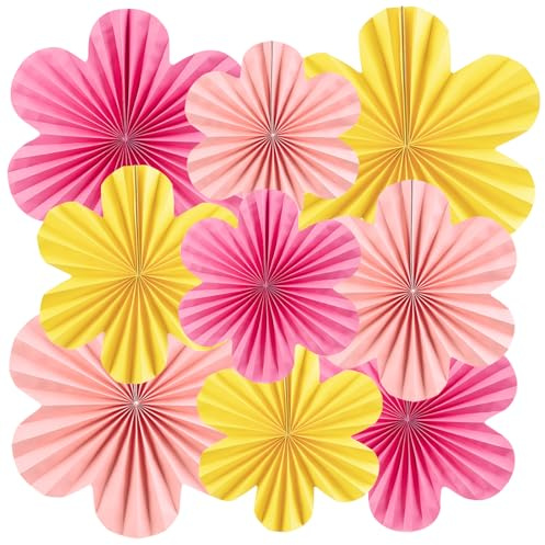 SUNBEAUTY 9 Stück Papier Fächer Dekoration Hanging Girlande Rosa Gelb Blumen Papierfächer Party Deko Set für Hochzeit Geburtstag Tea Party Tischdeko Classroom Baby Shower Backdrop Garland