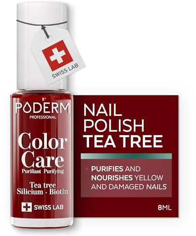 PODERM Pflegelack mit Tea Tree - Allurarot | Swiss Lab - 8ML | Angereichert mit Tea Tree, Silizium & Biotin | Reinigt, Klärt & Nährt Gelbe Nägel | Entwickelt von einer Podologin