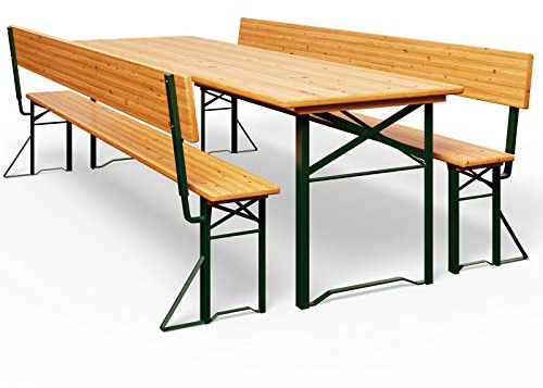 Casaria® Bierzeltgarnitur mit Lehne 170 cm Klappbar Stabil 2X Bierbank 1x Breiter Tisch Holz Biertischgarnitur Festzeltgarnitur Biergartengarnitur
