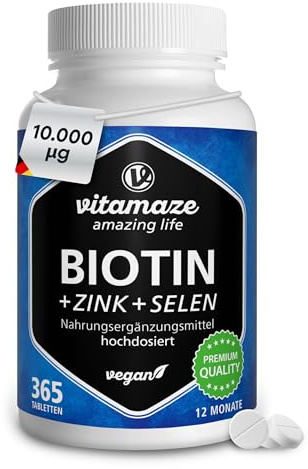Vitamaze Biotin hochdosiert 10.000 mcg + Selen + Zink für Haare, Haut & Nägel, 365 vegane Tabletten für 1 Jahr, D-Biotin, Nahrungsergänzung ohne Zusatzstoffe, Made in Germany