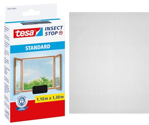 tesa Insect Stop Klett Fliegengitter für Fenster - Insektenschutz mit Klettband, zuschneidbar - Mückenschutz ohne Bohren - 1 x Fliegen Netz - 110 cm x 130 cm - Anthrazit