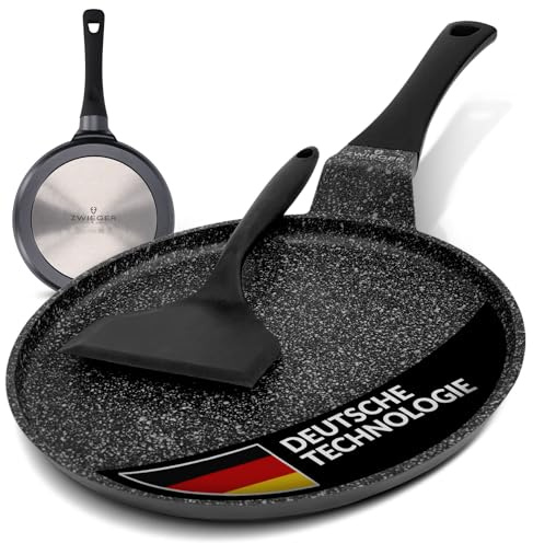 ZWIEGER Crepe Pfanne mit Teighelfer – Beschichtete Pancake Pfanne Induktion 26 cm, Spülmaschinenfeste Pfannkuchenpfanne – Vollflächiger Edelstahlboden, für alle Herdarten geeignet – PFOA- & PFOS-frei