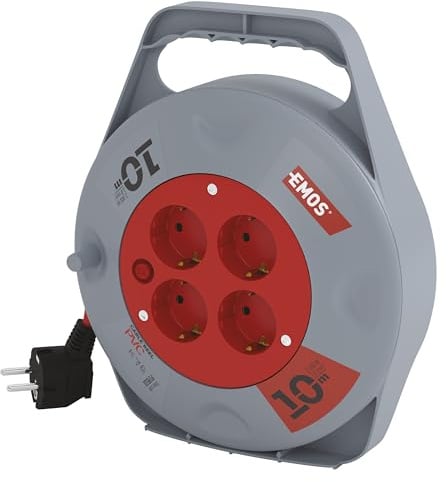 EMOS - Mini-Kabeltrommel 10m - 4 Schuko-Steckdosen - 230 V, 10 A, 2300 W - hochwertige PVC-Isolierung - H05VV-F3G 1,0 mm2 - mit Thermoschalter - IP20 für Innen