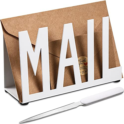 Jetec Mail Halter Metall Brief Sortierer Tabletop Mail Ausgeschnitten Organizer Mail Brief Dokumenten Ständer mit Brief Öffner für Desktop Haus Büro Schule (Weiß Reguläres Skript)