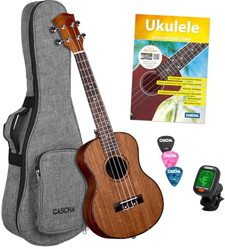 Cascha Tenor Ukulele Set Kinder Erwachsene I Ukulele Starter Kit 3 Plektren Tasche deutsches Lehrbuch Stimmgerät I Tenor Ukulele Mahagoni I Kleine Hawaii Gitarre für Anfänger Fortgeschrittene
