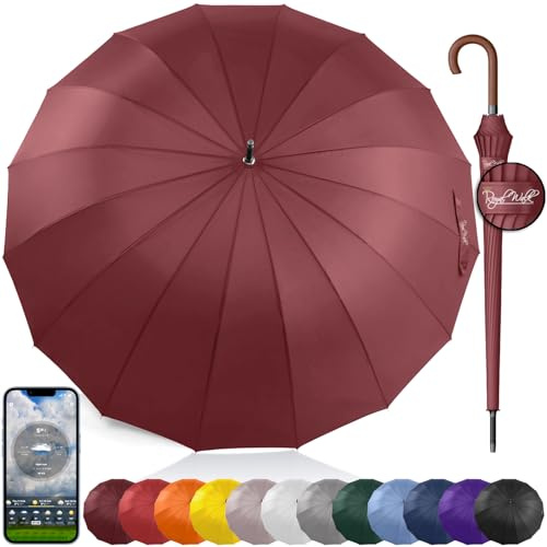 Royal Walk Regenschirm Groß Sturmfest Golf Schirm XXL Stabiler Stockschirm | Großer Regenschirm für 2 Personen Damen Herren, Automatik Golfschirm, 16 Rippen, Leicht, Windfest & UV, Holzgriff, 120 cm 54