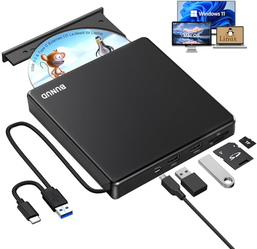 BUNUD Externes DVD Laufwerk für Windows 11: CD Laufwerk Extern USB DVD Laufwerk Externer CD/DVD Brenner und Player mit SD/TF & 2 USB Ports Externes Laufwerk für Laptop Mac MacBook PC