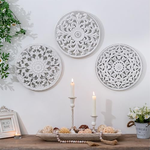 Walasis Weiße Wanddekoration, geschnitztes Medaillon, rustikale Holzwandkunst, dekorative Hängedekorationen, Bauernhaus, Heimdekoration für Wohnzimmer, Schlafzimmer, Küche, Badezimmer, 3er-Set